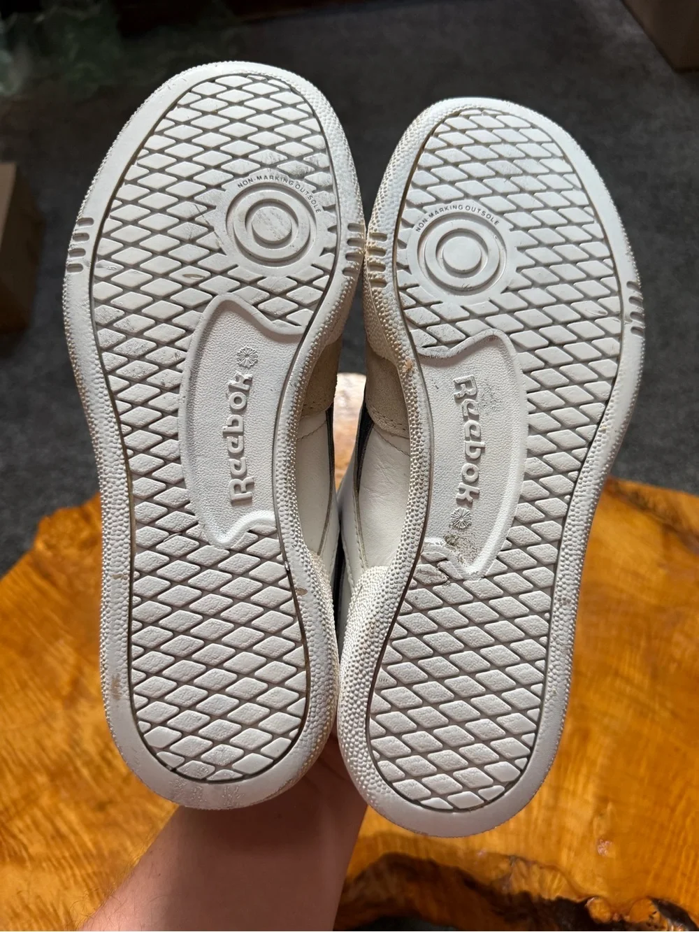 Reebok Men’s White Leather Sneakers with Navy & Yellow Accents